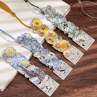 ゴッホしおり ブックマーク【4本セット】 栞セット おしゃれ 華やか エレガント感 アート 銀 中空トリム 紐付き 学生 教師 読書 絵画 ブックページマーカー用 文房具 誕生日プレゼント バレンタインデーギフト