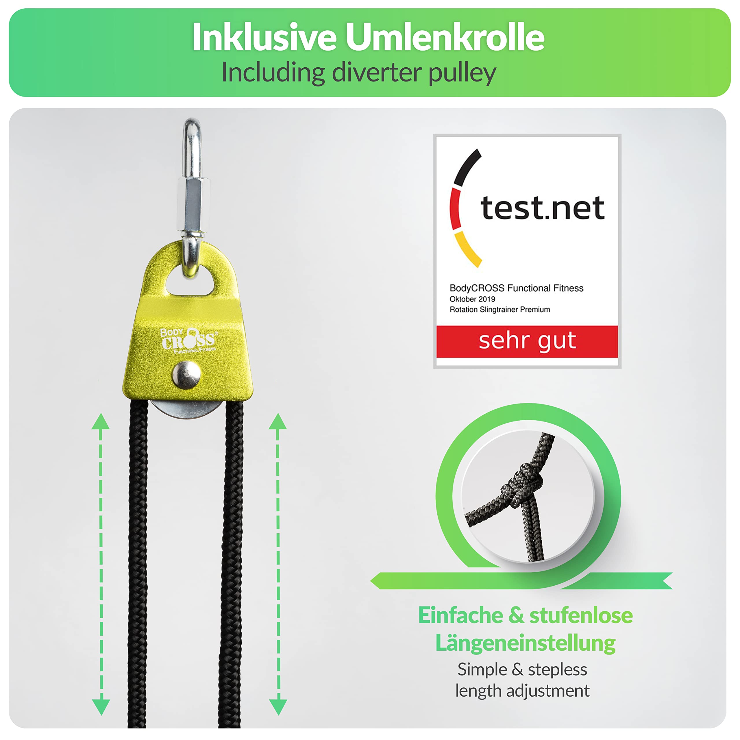 BodyCROSS Premium Schlingentrainer mit Umlenkrolle für zuhause| Sling Trainer Set mit Befestigung und Türanker | Krafttraining Made in Germany | geprüft und Zertifiziert | 10 Jahre Garantie