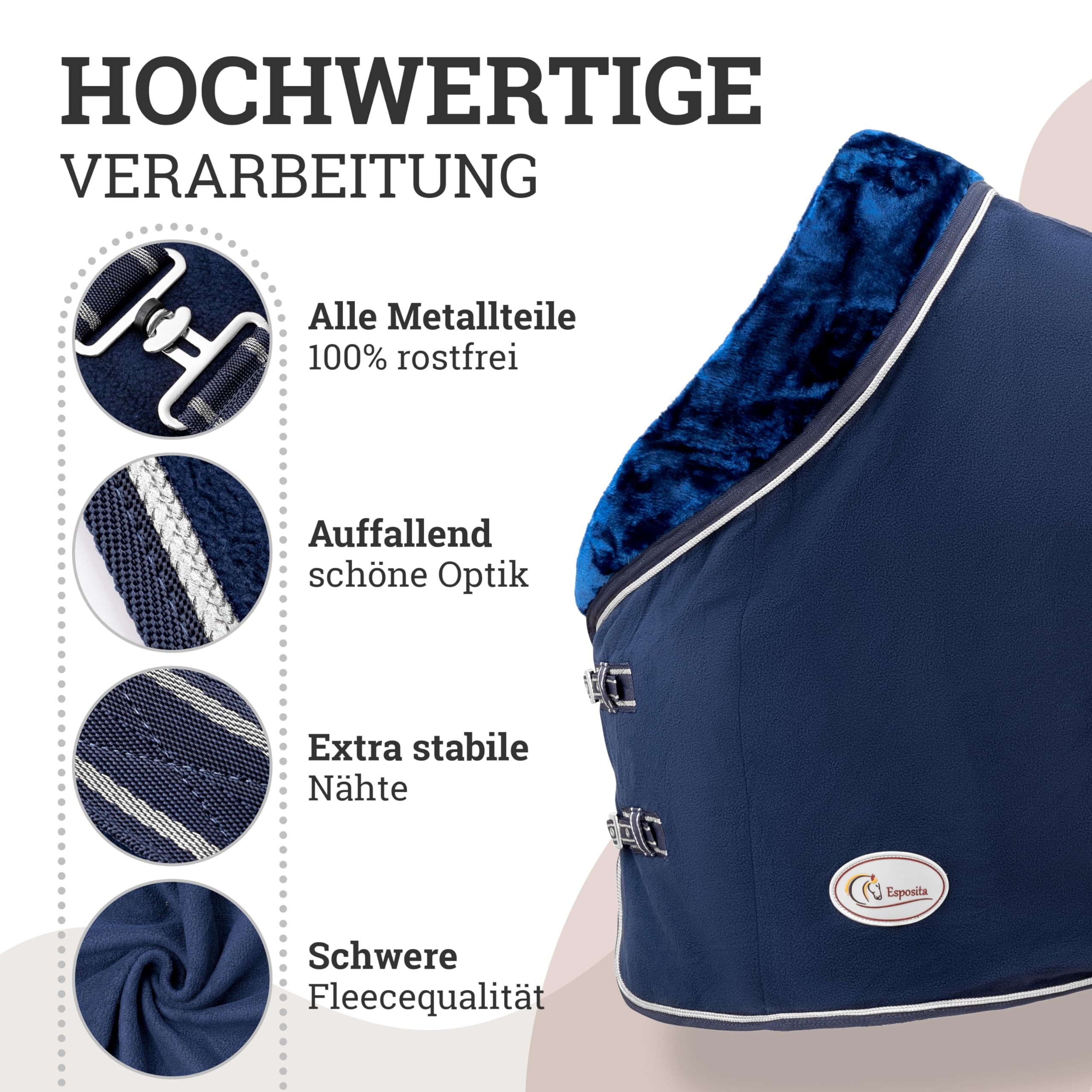 Esposita Esposita Abschwitzdecke Champion Edition Fleecedecke mit Kragen und Zierpaspel, Paradedecke, Showdecke (Navy/Silber, 155cm)