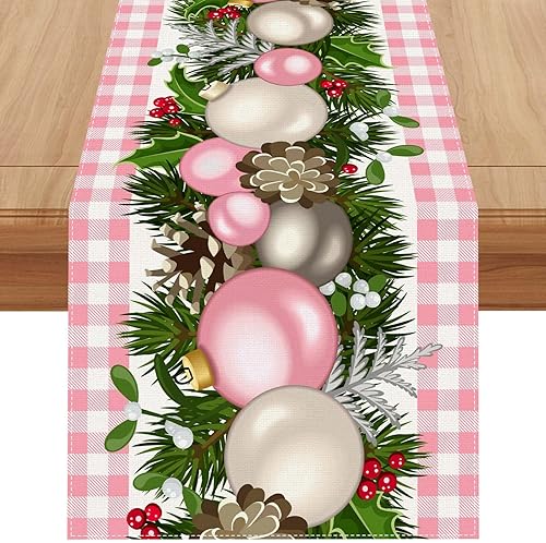 Miniatura 1 de Camino de mesa de Navidad a cuadros de lino rosa y blanco, 72 pulgadas de largo, estilo casa de campo, invierno, Navidad, vacaciones, hogar,