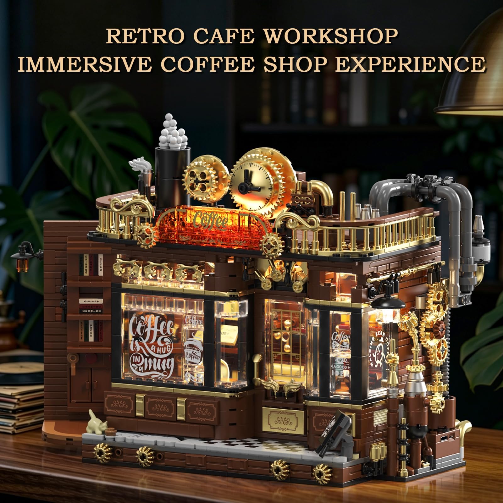 Vziimo Retro Café House Bausatz mit Beleuchtung, 1606 Teile, Deko fürs Wohnzimmer oder Büro, Versteckte Ecken im Café, Geschenk für Erwachsene ab 15 Jahren