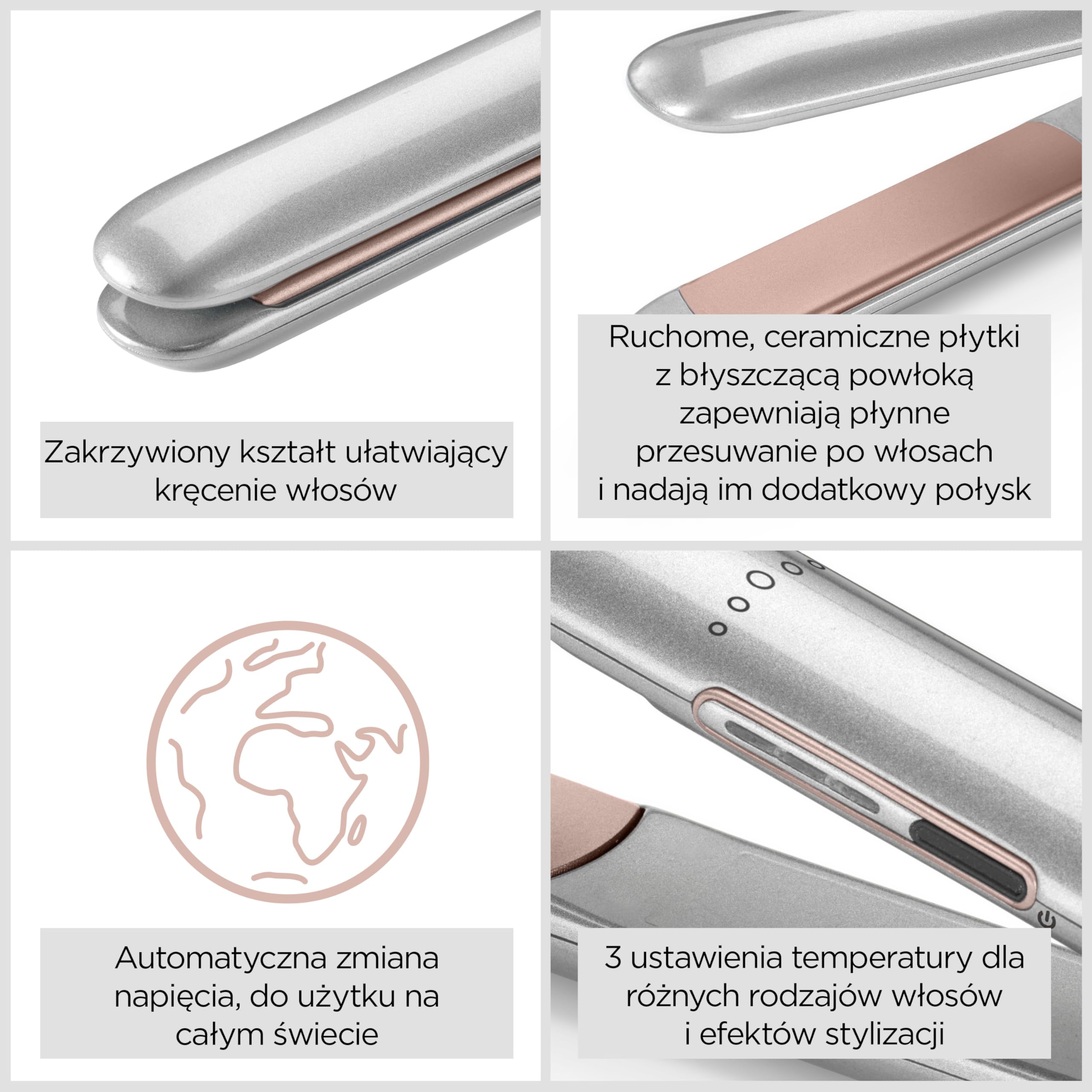 Prostownica do włosów BaByliss Cosmos – technologia ceramiczna Smooth-Glide, 3 ustawienia temperatury 180–235°C, do użytku na całym świecie, kolor srebrny, model ST260E