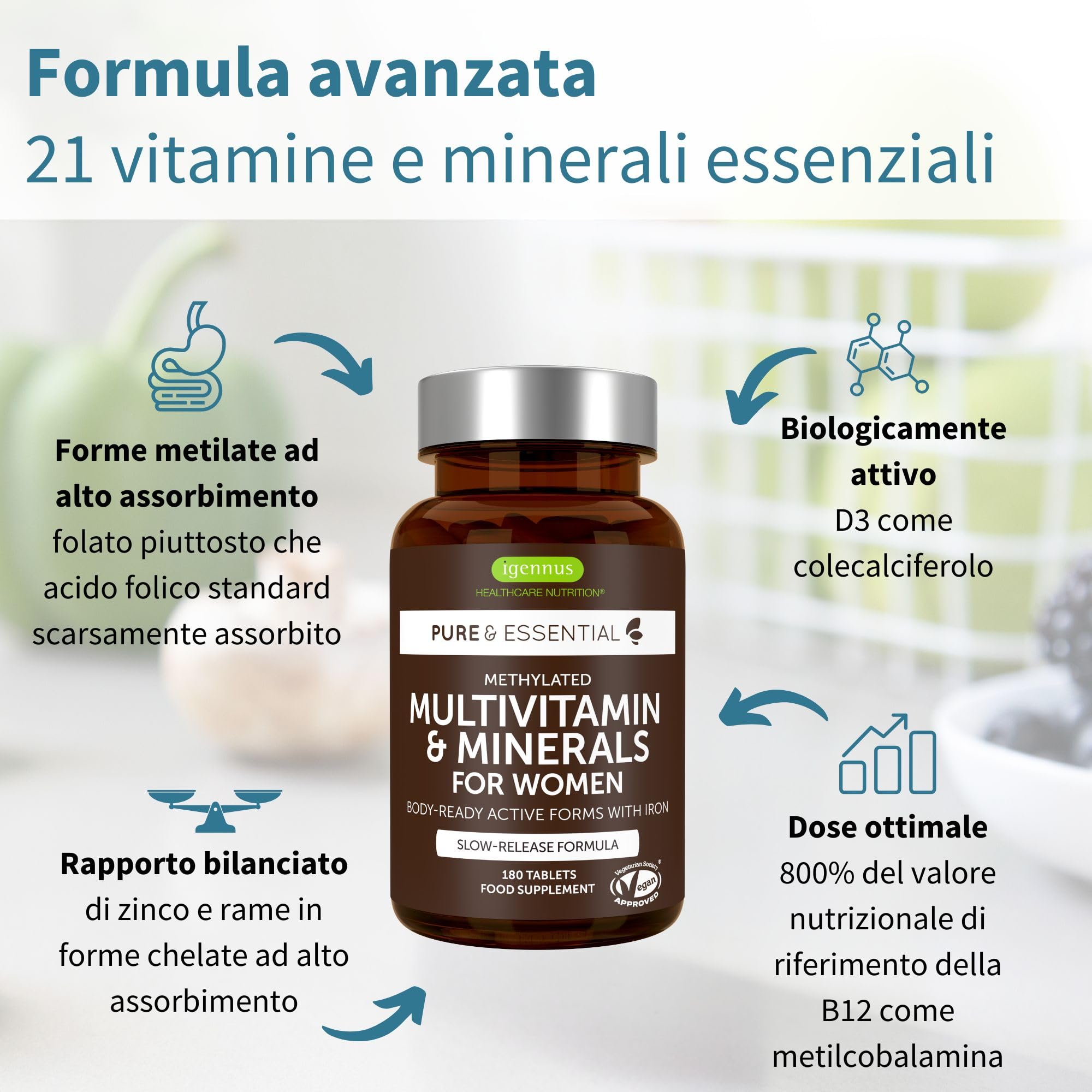 Igennus Multivitaminico Donna con Metilfolato, Metilcobalamina B12 e Ferro, Formula a Rilascio Prolungato e Alto Assorbimento con Vitamine B Metilate, 180 Compresse Vegane, Ingredienti Puliti e Puri