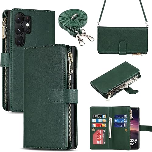 iCoverCase Funda tipo cartera para Samsung Galaxy S23 Ultra con tarjetero, función atril, funda de piel sintética con cordón ajustable cruzado con