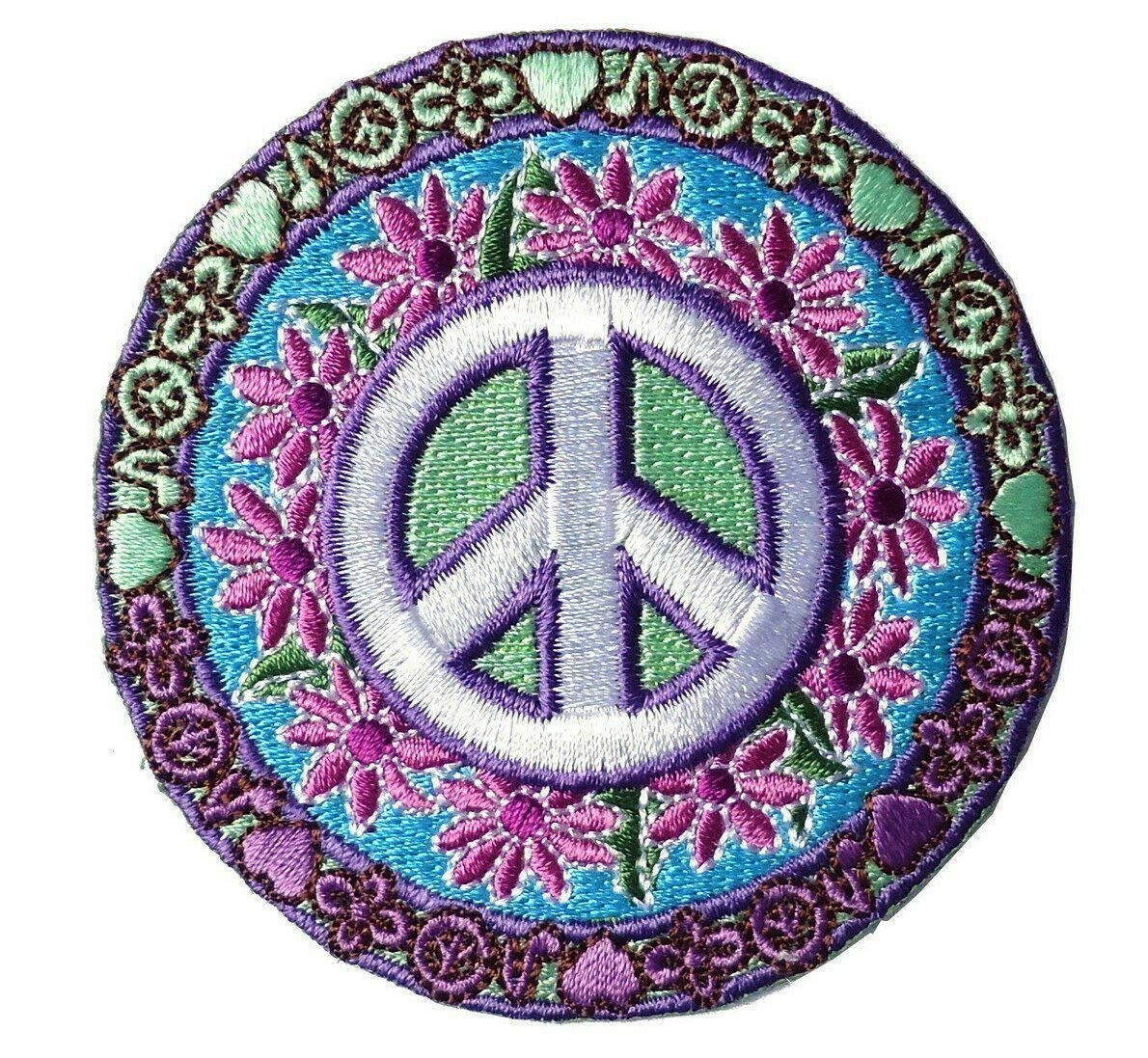 Peace Sign Daisy Flowers Embroidered Patch (Iron on Sew on - 3.0 inch)