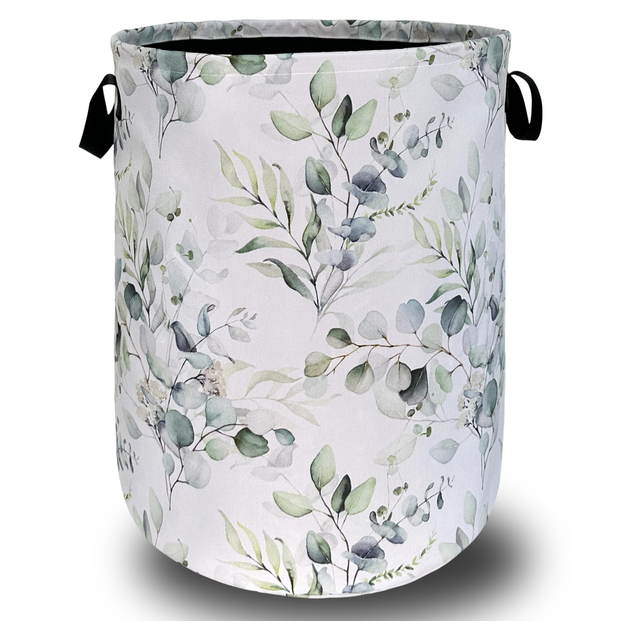 Watercolor Green Leaves Branches Laundry Hamper With Handles Foldable Oxford Cloth Tote Bag Colorful Laundry Basket Clothes Toy Storage Bucket 18.9" x