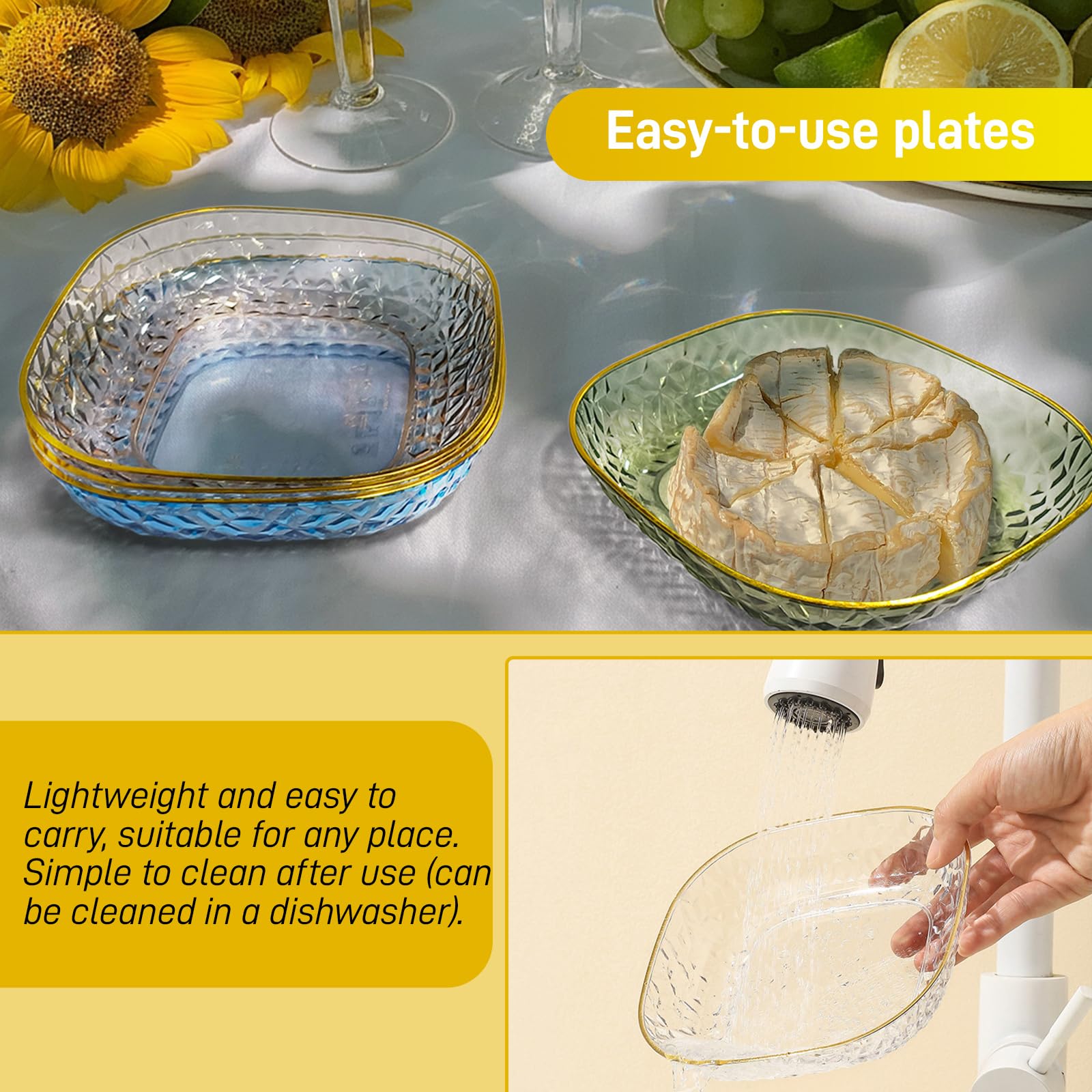 Juego de 4 platos de postre de 6 pulgadas, cuencos de pellizco para preparación de cocina, platos de plástico reutilizables con borde dorado y borde elevado, platos pequeños para aperitivos