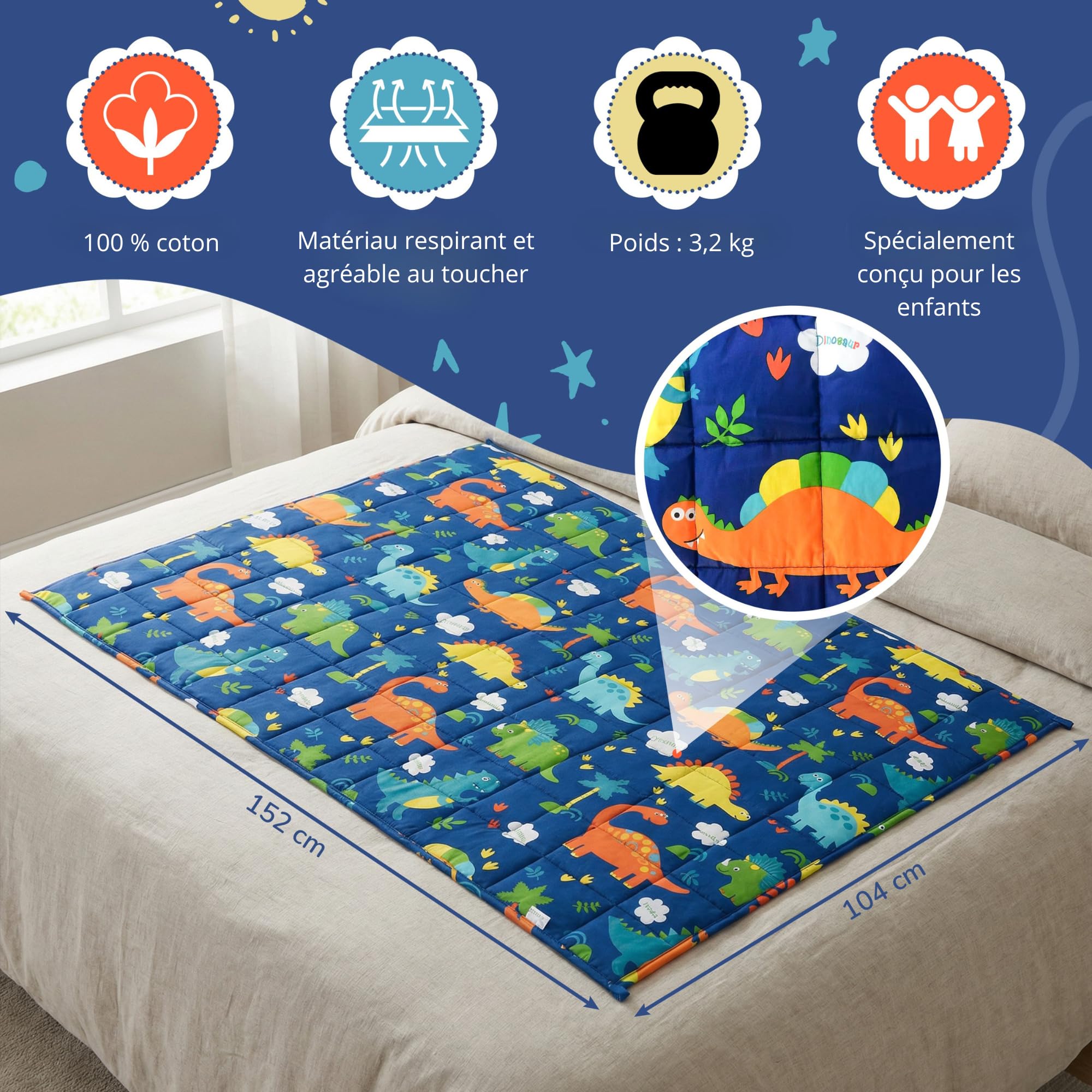 Vonia Couverture Lestée Enfant 3,2 kg Weighted Blanket - 104x152 cm Motif Dino, 100% Coton Respirant, Housse Amovible Lavable, Améliore Sommeil, Dès 3 Ans, Bleu