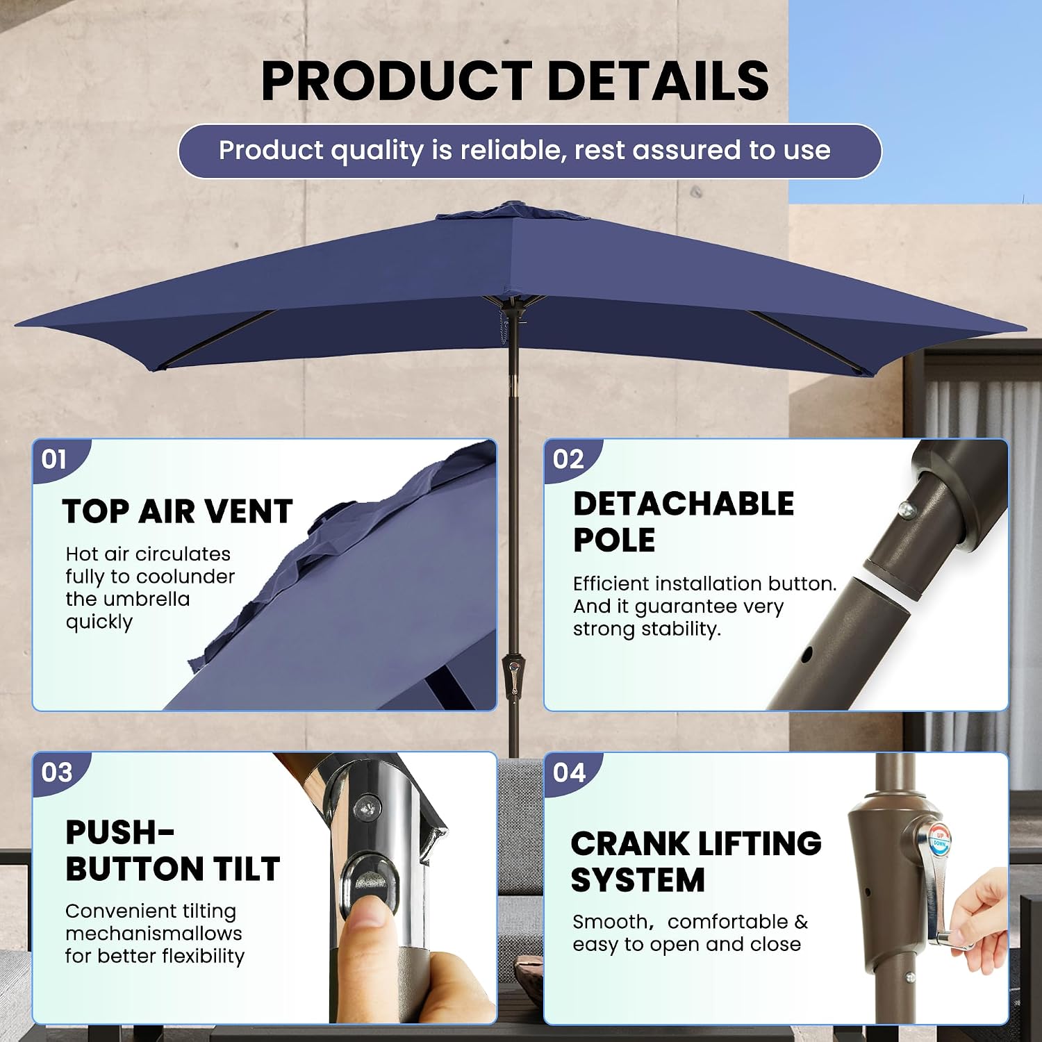 Ayge 6.5x10FT Rectangular Patio Umbrella Outdoor Table Umbrella w/Push Button Tilt & Crank Rectangle Market Umbrella UV Protection for Garden,Deck,Lawn,Yard & Pool,Navy