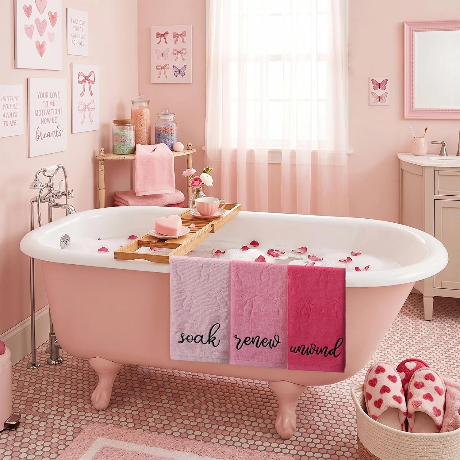 Moukeren 3 Pcs Pink Bow Hand Towels for Bathroom 13.7"x29.5"