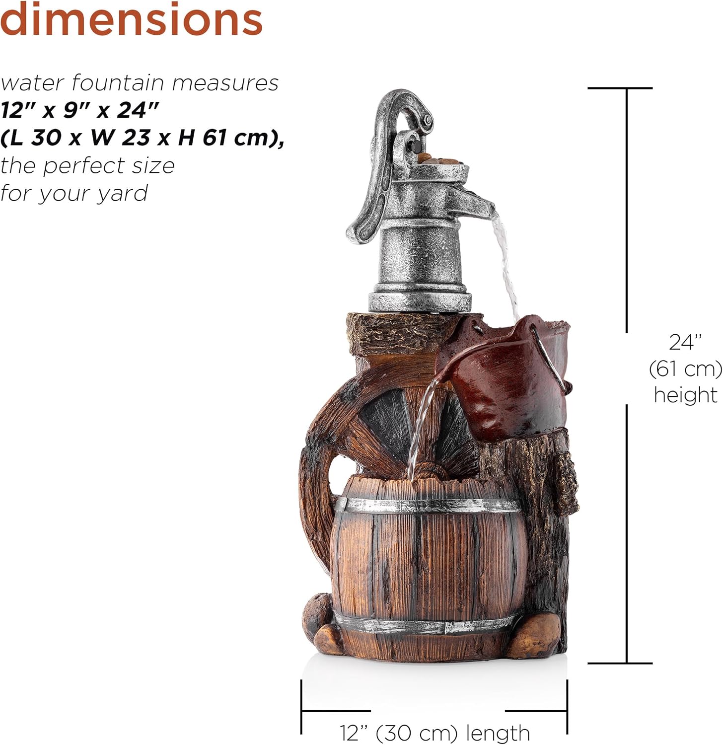 Alpine Corporation 24" Tall Outdoor Tiered Water Floor Fountain with Old-Fashioned Pump and Barrel Design, Garden Decor, Rustic Brown