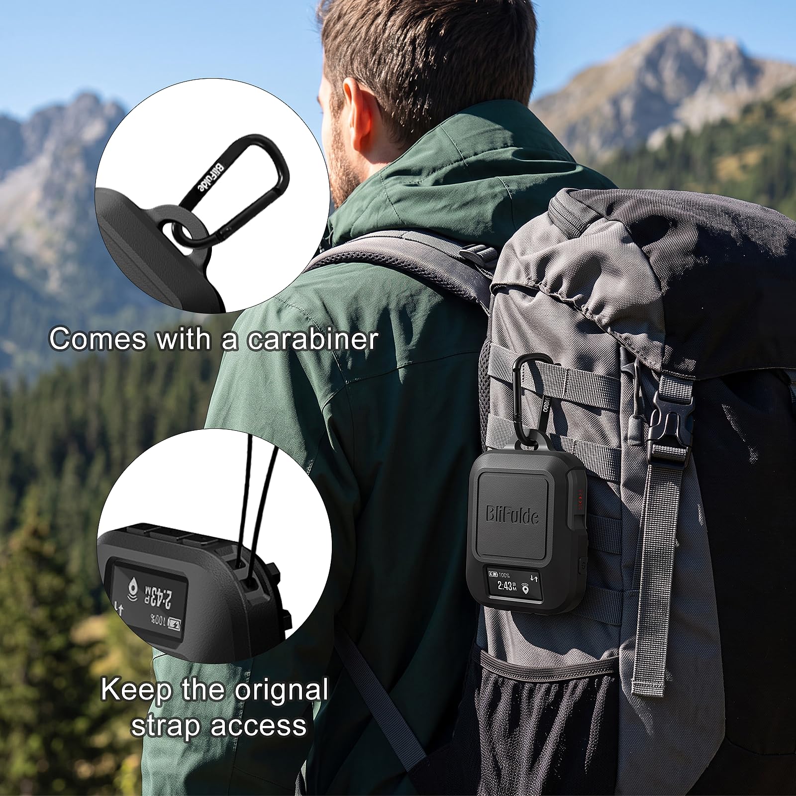 Coque de protection en silicone pour Garmin inReach Messenger Plus - Coque antichoc en silicone avec mousqueton - Design durable - Noir (coque uniquement)