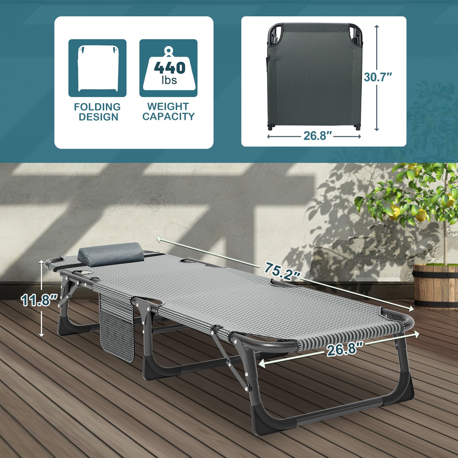 Lit Pliant pour invités 190 x 68 cm Chaise Longue Pliable Lit de Camping de Voyage Adulte 200 kg Charger 1200D Oxford Fabric avec Coussin, Poche latérale, Appui-tête réglable