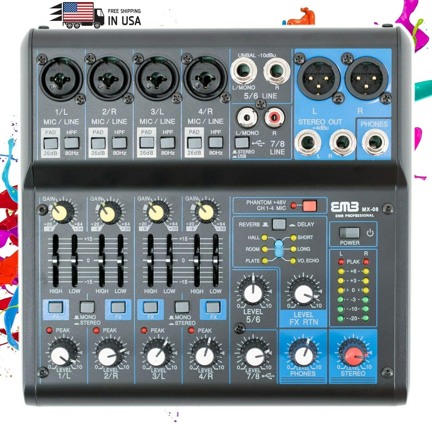EMB Pro MX08 8 Channel Mixer Console with DSP Digital Effect +48V Phamtom Power