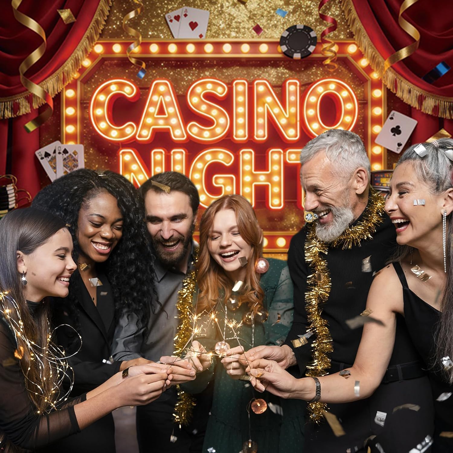 10x8ft Casino Backdrop Glitter Golden Casino Theme Party Decorations Luxurious Curtain Poker and Dice Las Vegas Backdrops for Photography Large Vegas Birthday Background Banners Studio Photo Props