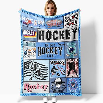 Cozy Flannel Hockey Blanket for Fans - Vintage & Modern Hockey-Themed Design with Ice Hockey Graphics, Sticks - Soft Blue, Gray & White Plaid Border for Hockey Lovers-50X40 inch-02
