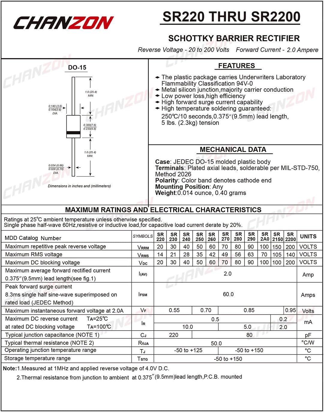 Datasheet for SR2100 Schottky Barrier Rectifier, showing mechanical data and electrical characteristics