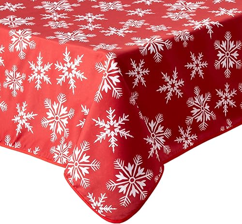 Miniatura 8 de Violet Linen Manteles rojos decorativos con diseño de copos de nieve navideños - 60" redondos