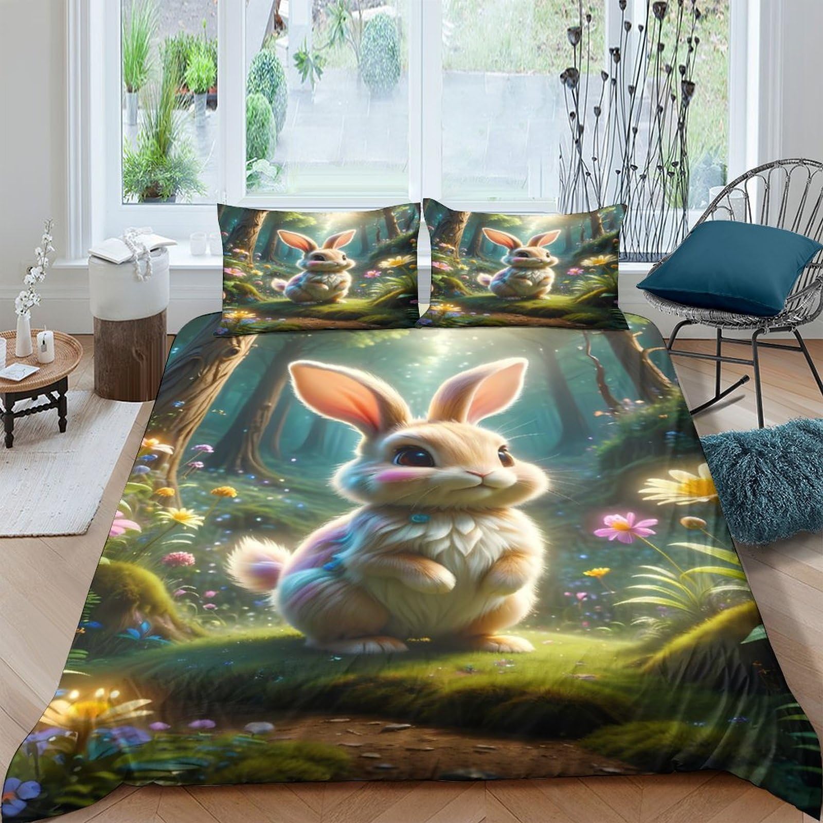 Ctjqhvkz Style-1 3D Printed Cute Bunny Forest Fitted Sheet Microfiber Soft Decorative Rabbit Bed Cover For Bedroom Guest Room Single（135X200cm）