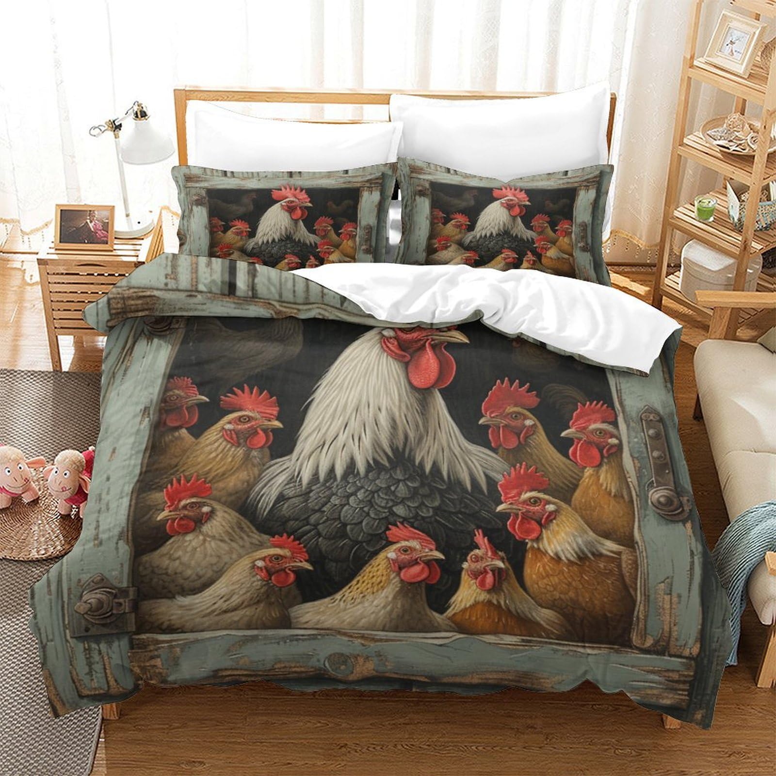 P1S9U7W5Y Farmhouse Chicken Theme 3D Printed 3 Piece Microfiber Duvet Cover Set for Adults Rooster Hen Bedding Set Soft Breathable Bedroom Decor Super king（260x220cm）