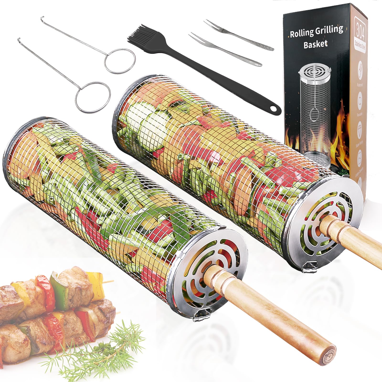 Bitlaintab Nesting Grill Baskets, Removable Wood Handles, Rolling Grill Baskets Set for Outdoor Grilling Vegetables, Seafood, and Meat, Thickened 304 Stainless Steel, Ideal for BBQ Enthusiasts and Camping Trips(2PC)