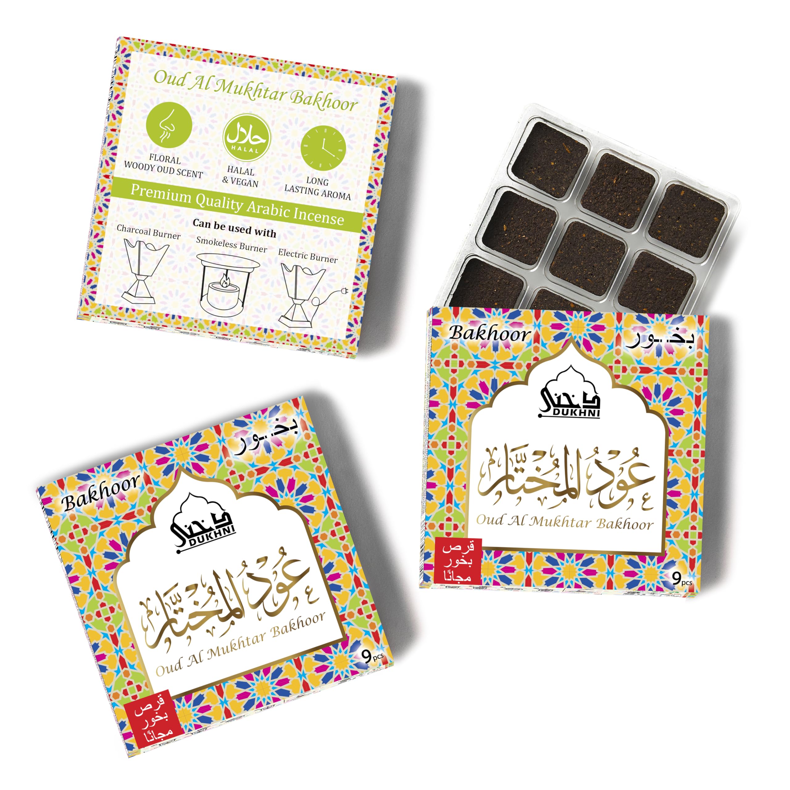 Oud Al Mukhtar Bakhoor عود المختار بخور by Dukhni | 3 Boxes x 9 Piece Each | Arabic Incense | Floral Woody Oud Blend | Perfect for Prayer Time | to Relax & Meditate | Handmade Traditional Recipe