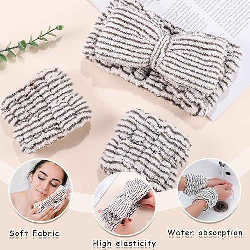 Miniatura 10 de BESARME Juego de 3 diademas y muñequeras para lavar la cara, diadema facial de spa suave, para maquillaje, cuidado de la piel, muñequeras para lavar