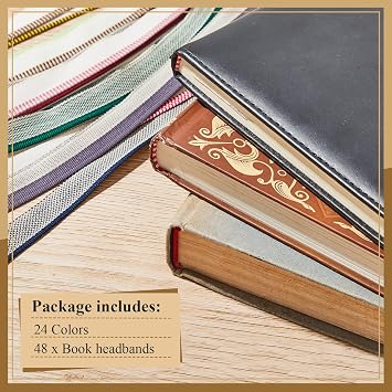 48 Pcs Book Binding Headbands Endbands 11.8 Inches Long Medium Cotton Book Headband Binding Kit for Beginners, 0.5 Inch Wide, 24 Colors