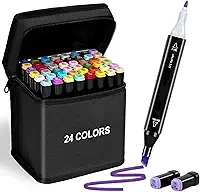 Marcadores de arte colorida de ponta dupla, 24 cores com estojo de transporte para pintura, esboço, caligrafia, desenho, marcadores de pincel, cabeça dupla, canetas marcadoras permanentes para