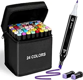 Marcadores de arte colorida de ponta dupla, 24 cores com estojo de transporte para pintura, esboço, caligrafia, desenho, marcadores de pincel, cabeça dupla, canetas marcadoras permanentes para