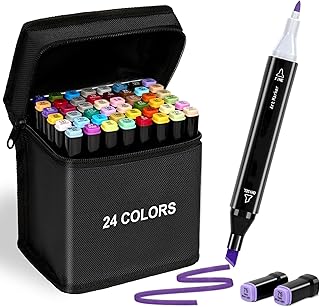 Marcadores de arte colorida de ponta dupla, 24 cores com estojo de transporte para pintura, esboço, caligrafia, desenho, marcadores de pincel, cabeça dupla, canetas marcadoras permanentes para