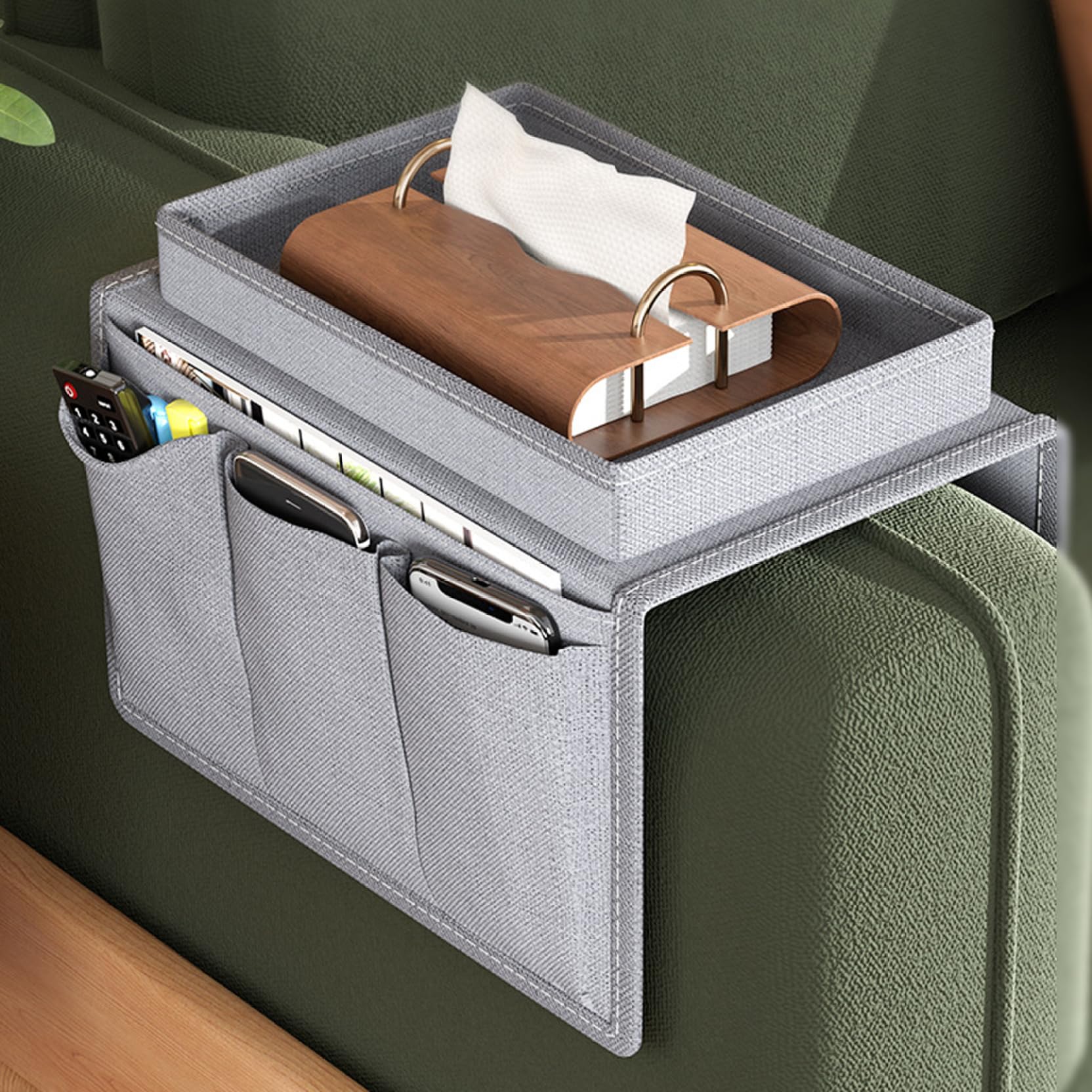 Gcroet Grey 1Pc Sofa Arm Tray, Waterproof Armchair Tray Tv Remote Control Couch Cup Holder With 4 Bags For Drinks Phone Magazine Book Snacks Glasses