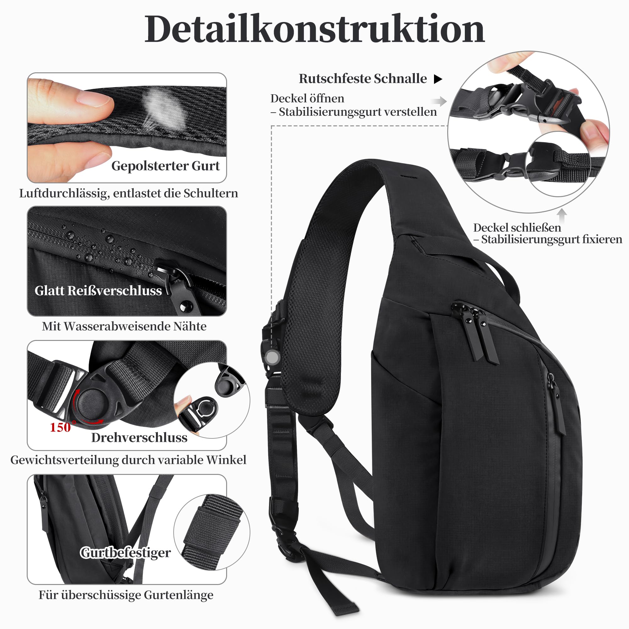 Geestock Umhängetasche linke Schulter für Herren, Sling Rucksack mit Flaschenhalter & MOLLE Stabilisierungsgurt, ein Schultergurt Seitentasche EDC Daypack für Wandern, Radfahren, Outdoor