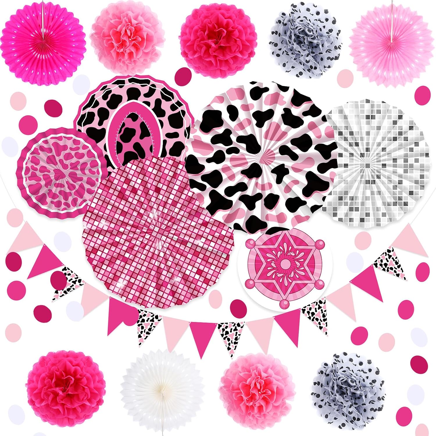 Fullhawl 23 Pcs Western Party Decorations Western Party Hanging Paper Fan Pennant Banner Paper Pom Poms Cowboy Themed Hanging Decoration for Country Farm Theme Rodeo Supplies (Cowboy)