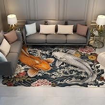 Vintage Style Area Rug Kanagawa Waves Wealthy Koi Fish Peony Flowers Pattern Washable Non-Slip Low Pile Thin Carpet for Laundry Room 5'x7'