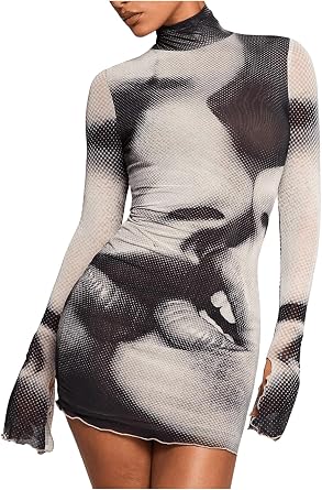 GORGLITTER Womens Mesh Y2K Rave Vegas Going Out Dress Outfits Long Sleeve Club Turtleneck Neck Newspaper Mini Dresses