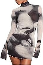 GORGLITTER Women's Mesh Long Sleeve Rave Festival Dress Y2K Fall Gothic High Neck Newspaper Going Out Club Mini Dresses