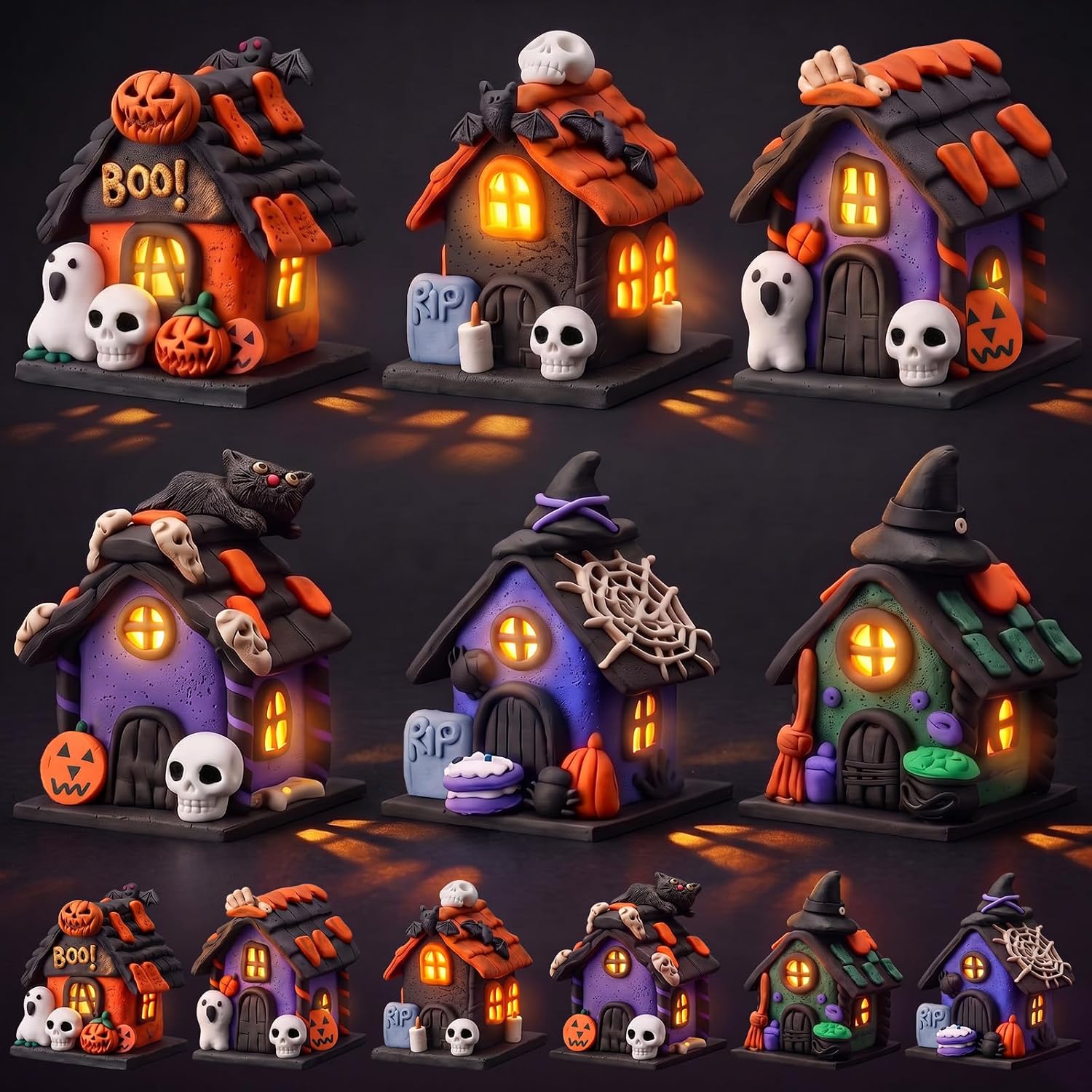 Thyle 12 Pcs Halloween Village Accessories Mini 2.36 Inch Lighted Houses