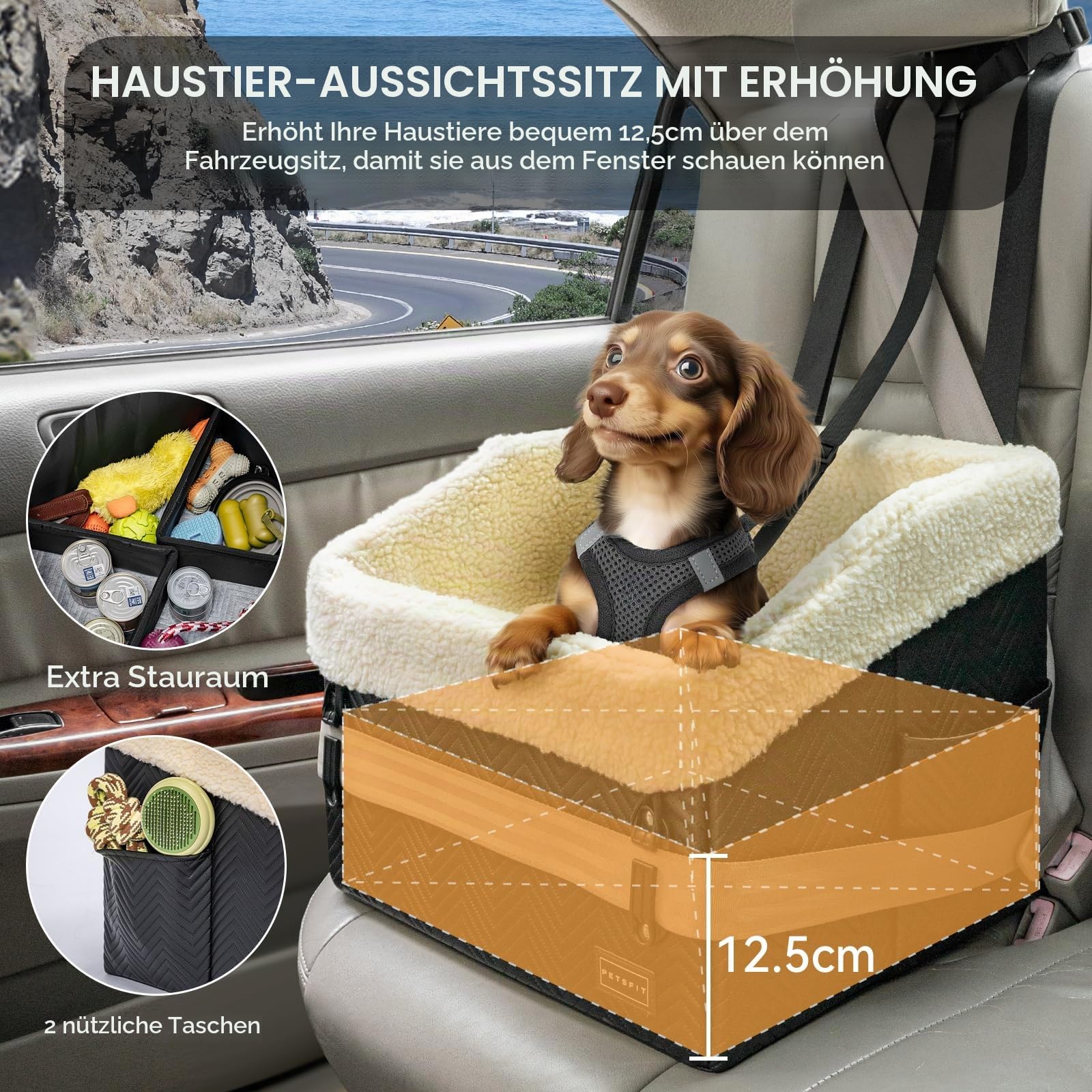 PETSFIT Hunde Autositz, Hundeautositz Hundesitz kleine Hunde mit Patent sichere Schnallen,Abnehmbarer und waschbarer Plüschbezug, Auto Rückbank Beifahrersitz