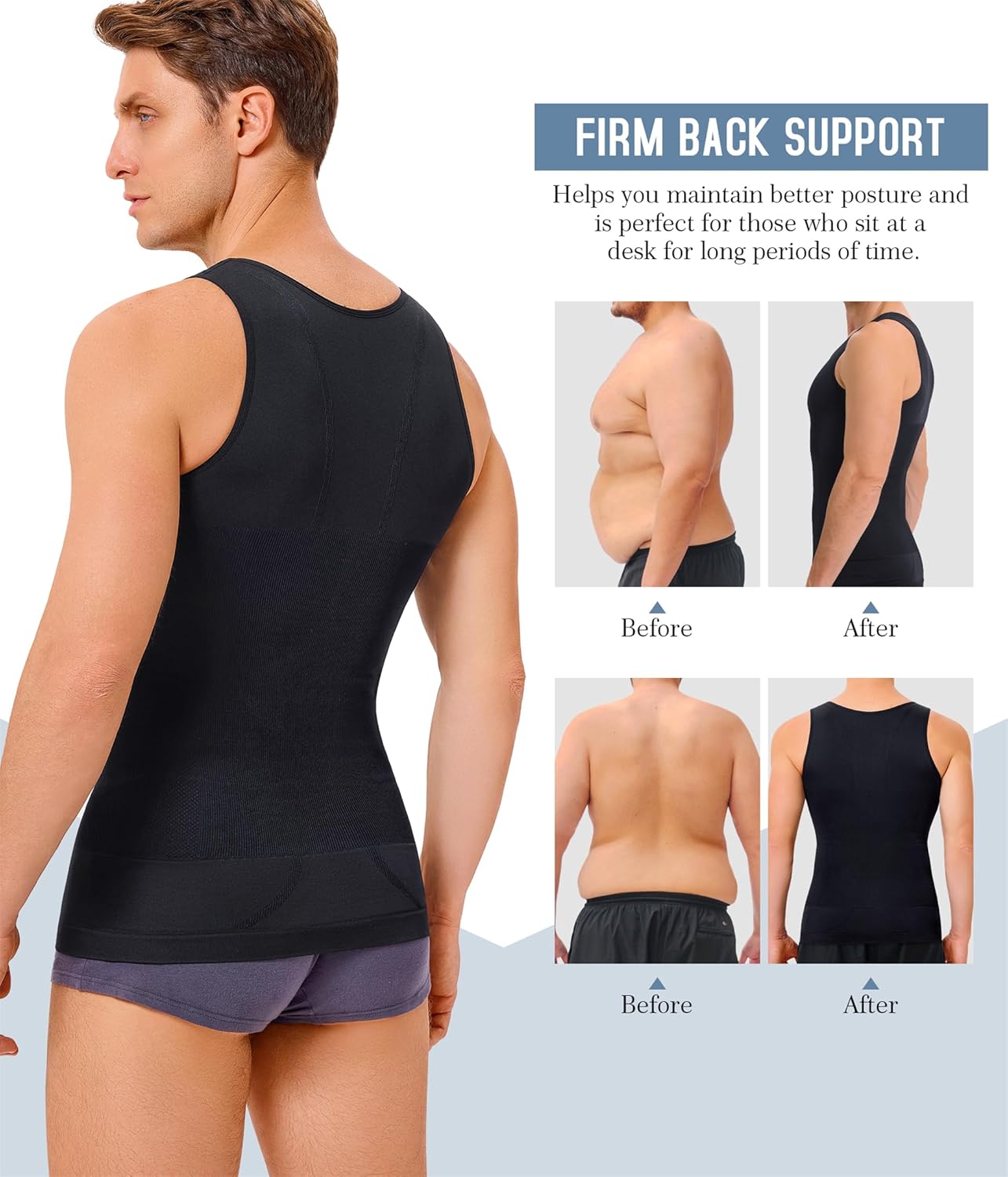 TAILONG 2 Pack Compression Shirt Men Body Shaper Slimming Shirt Tank Top Shapewear Tummy Control Vest - Image 4