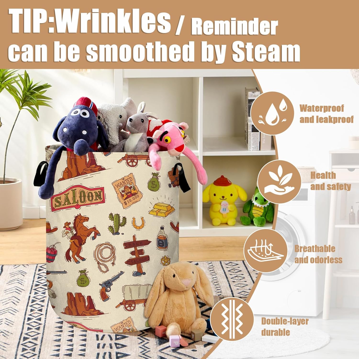 Western Cowboy Laundry Basket, Cactus Laundry Hamper Tote Bag Dirty Clothes Storage Bucket Toy Organizer for Bathroom/Laundry/Bedroom 15.7"x19.6"