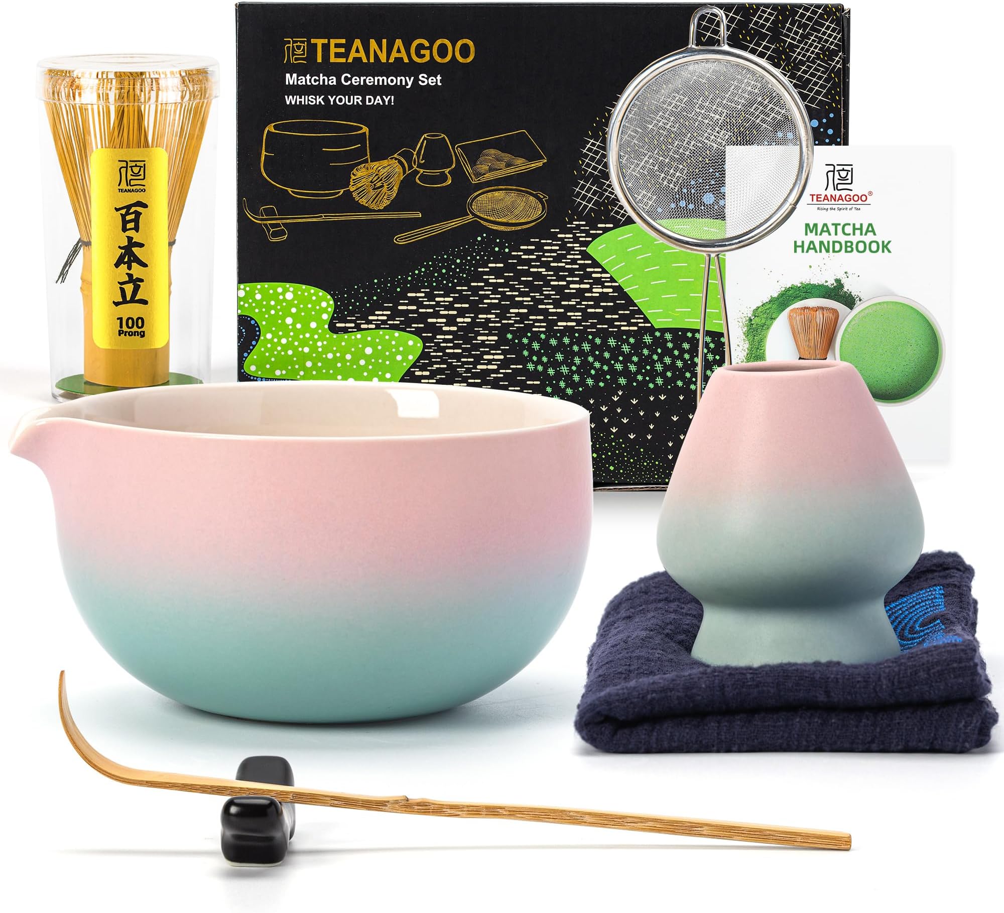 TEANAGOO Matcha Whisk Set Pink,Ceremony Matcha Set Kit Grident Pink,Matcha Tea Set for Making Breakfast/Latte,7 Pcs Matcha Whisk Set and Bowl with All Accessories,Gift for Family/Friend