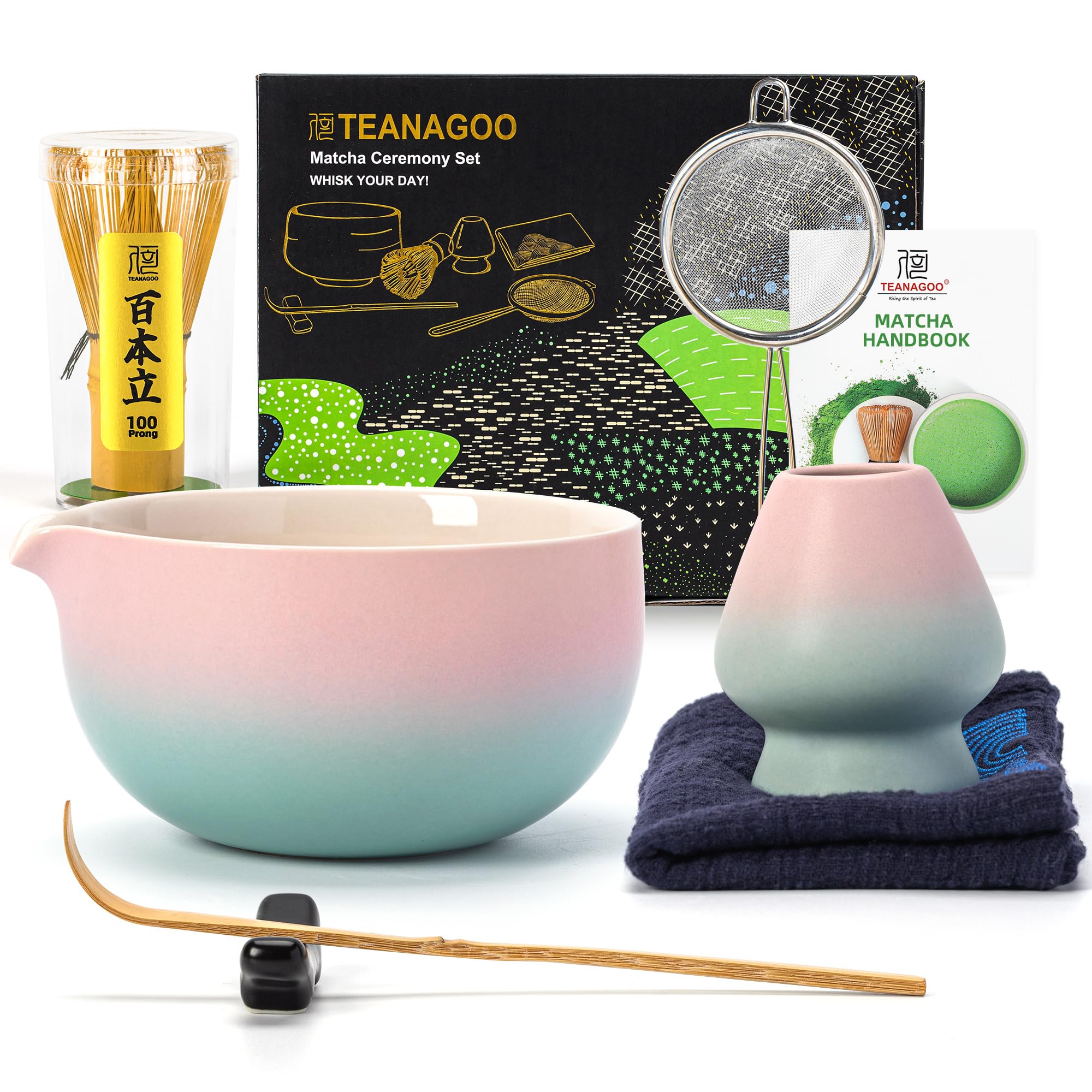 TEANAGOO Matcha Whisk Set Pink,Ceremony Matcha Set Kit Grident Pink,Matcha Tea Set for Making Breakfast/Latte,7 Pcs Matcha Whisk Set and Bowl with All Accessories,Gift for Family/Friend