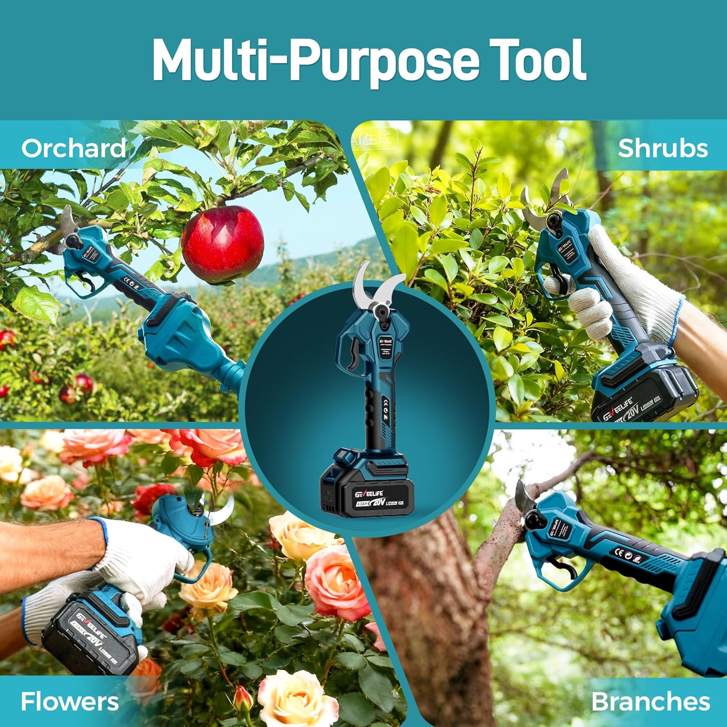 GEVEELIFE 2-in-1 Electric Pruning Shears Cordless, 1.6" Cutting Diameter, Electric Tree Pruner with 12.8Ft Reach Extension Pole, 2×4.0Ah Battery Powered Pole Pruner for Tree Trimming - Image 9