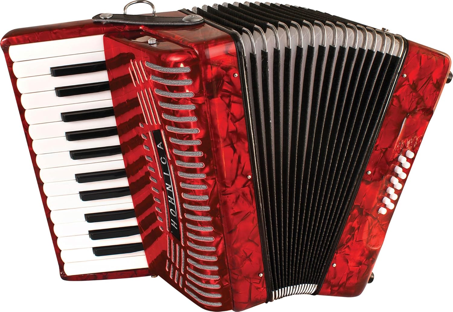 Hohner Hohnica 1303 12 Bass Piano Accordion - Pearl Red Bundle with Gig Bag, Straps, and Austin Bazaar Polishing Cloth
