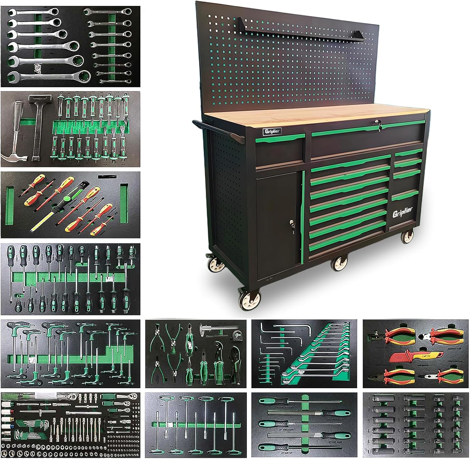 13-Drawers Rolling Tool Cabinet with Wood Workbench,Pegboard,60.6W x 22.7D x 66.1H inch,Heavy-Duty Steel Tool Storage,Lock & Key for Home,Garbge or Workshop Use(13 Drawer + 348 Pieces Tools)