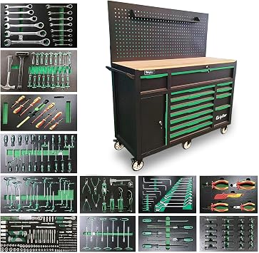13-Drawers Rolling Tool Cabinet with Wood Workbench,Pegboard,60.6W x 22.7D x 66.1H inch,Heavy-Duty Steel Tool Storage,Lock & Key for Home,Garbge or Workshop Use13 Drawer + 348 Pieces Tools