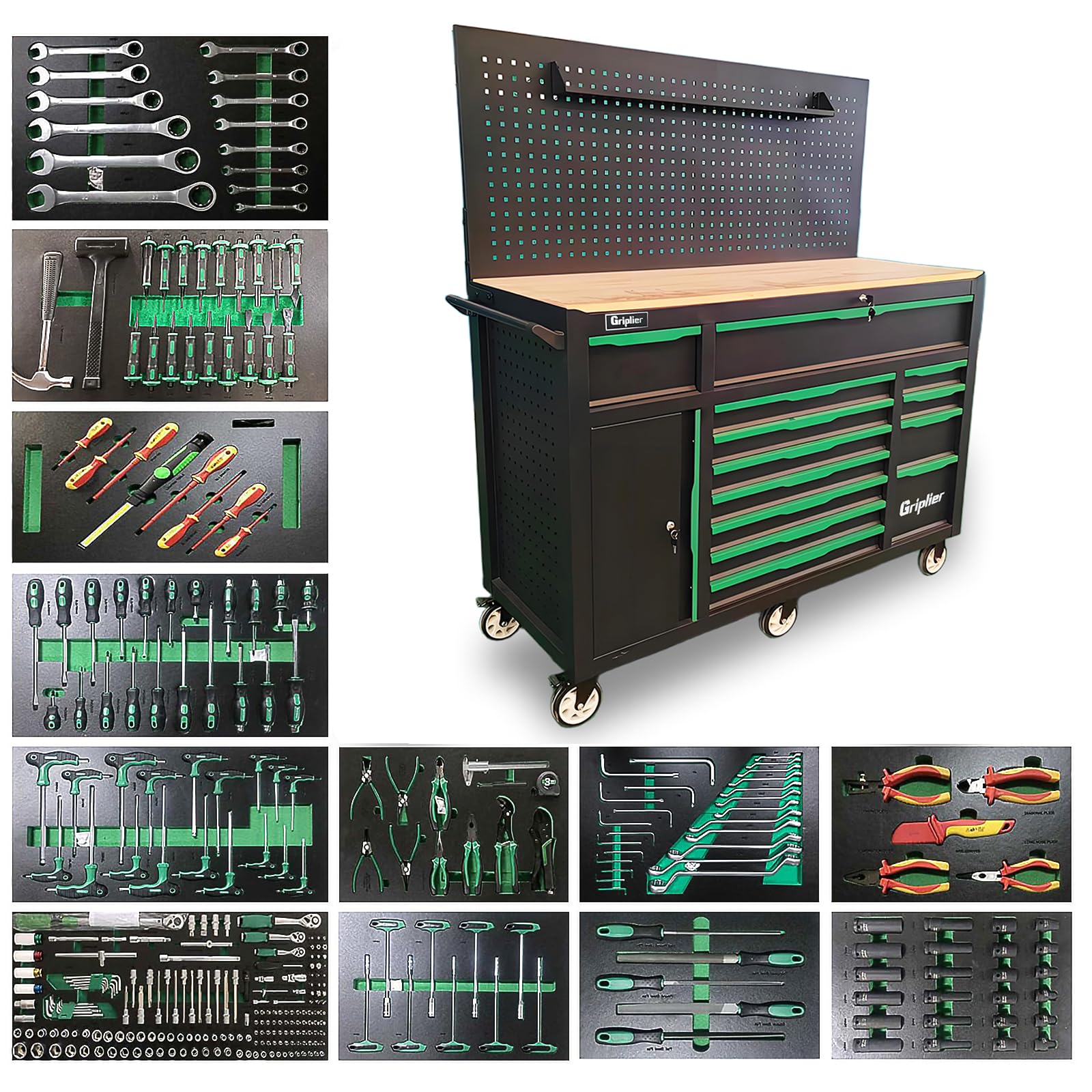 Professioneller Werkstattwagen mit Werkzeug 348 Teile. Holzarbeitsplatte, 13 Schubladen, Werkzeugbrett (Pegboard), Schwarz-Grün, Rollbar