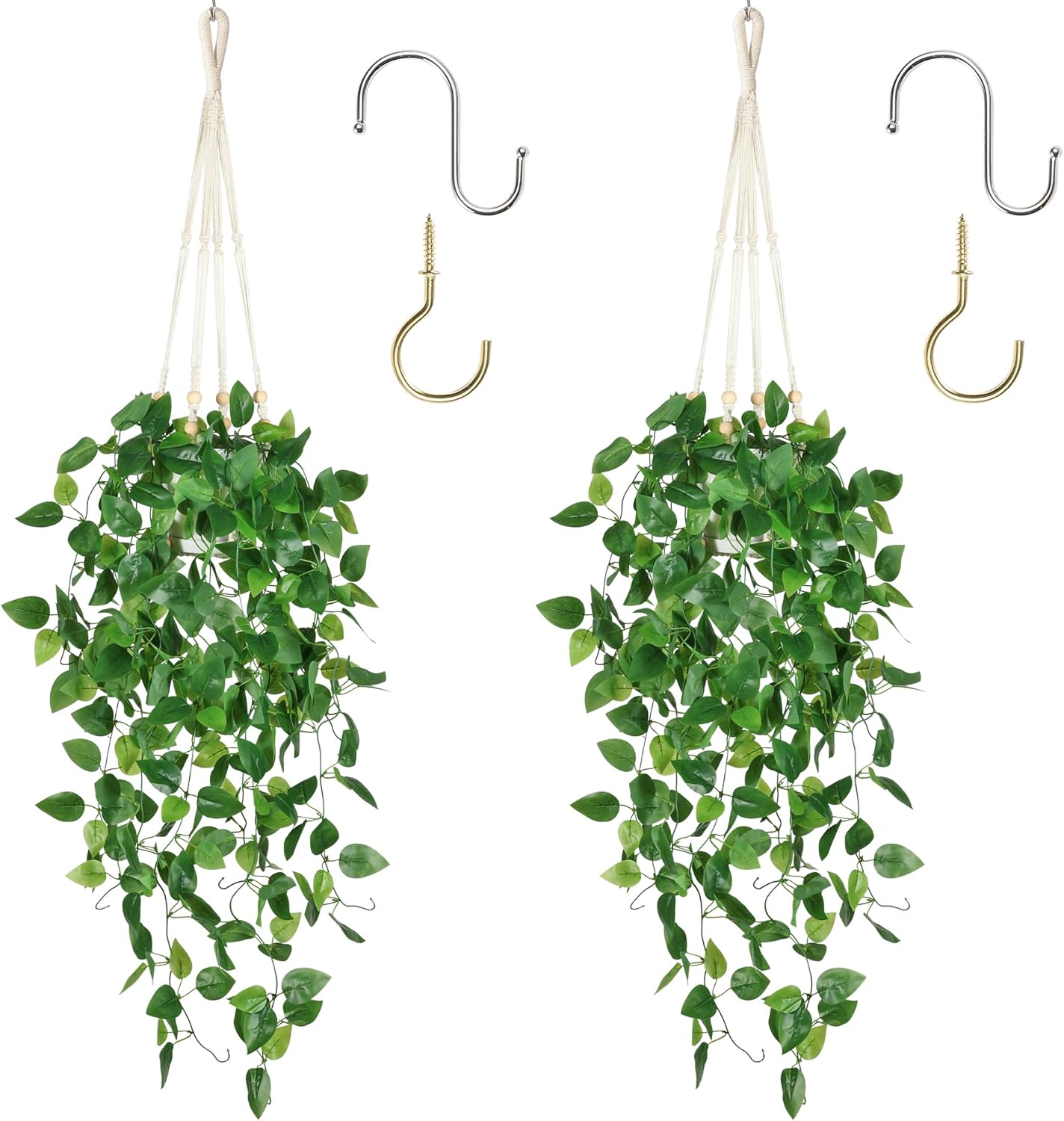 Artificial Hanging Plants with Boho Macrame Plant Hanger - Fake Ivy Vines in Pot for Wall, Bedroom Home Faux Greenery for Indoor Outdoor Decor (2 Packs)