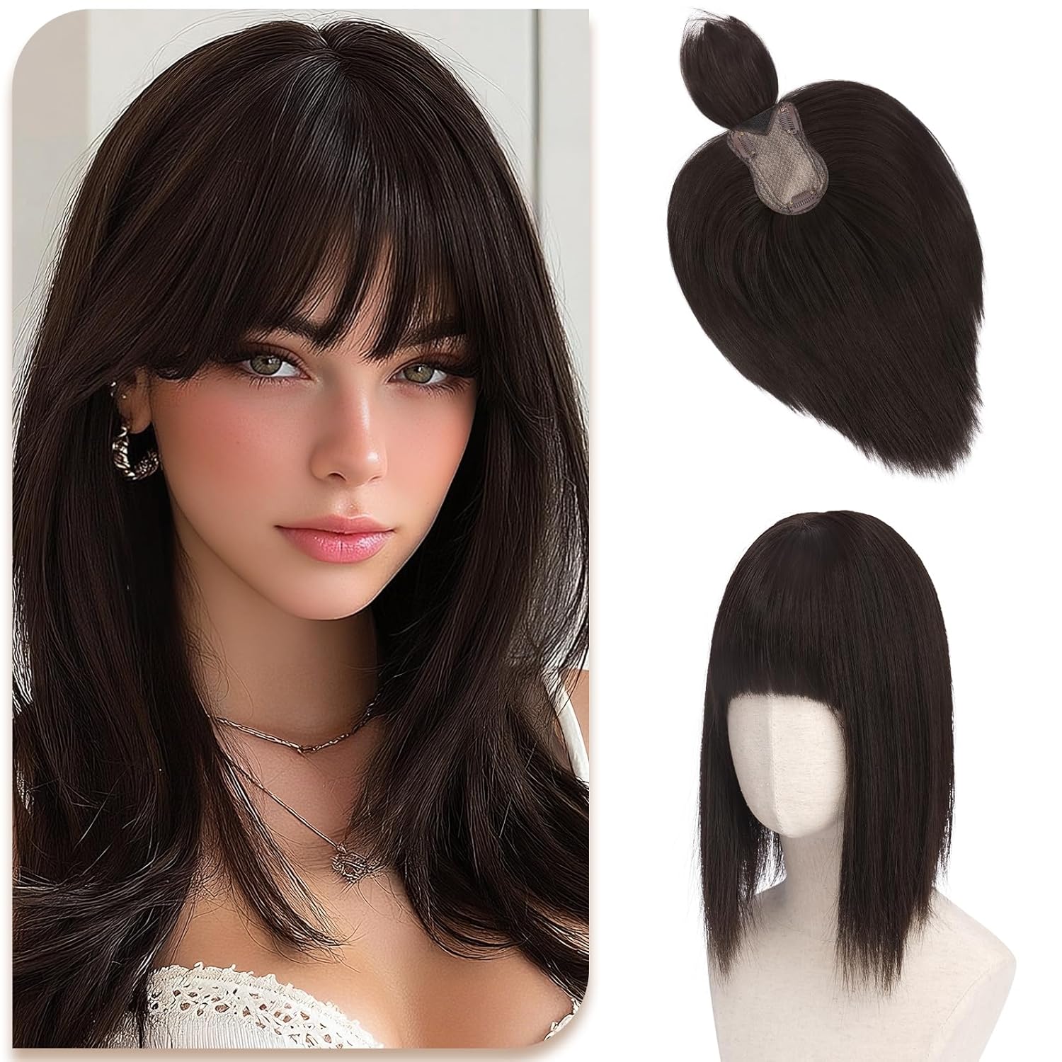 SOFEIYAN Hair Topper with Bangs, 12 Inch Straight Hair Toppers for Women with Thinning Hair, Layered Synthetic Clip-In Topper, Crown Toppers Hair Pieces for Adding Volume, Dark Brown & Medium Brown